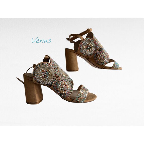 Venus Embellished Block Heels Beaded Ankle Strap Boho Sandals  Sz 6 - Picture 1 of 10